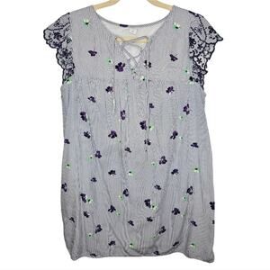 Old Navy Blue and White Striped Floral Eyelet Mini Dress Lightweight Large